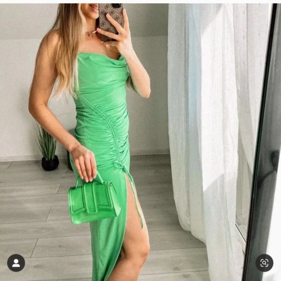 ZARA STRETCH KELLY GREEN SWEETHEART DRAPED DRAWSTRING SLIT MIDI MAXI DRESS $59.9 - Picture 16 of 17